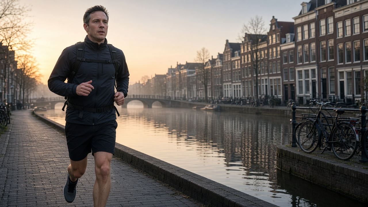 Hardloper met een compacte hardlooprugzak loopt langs een gracht naar zijn werk