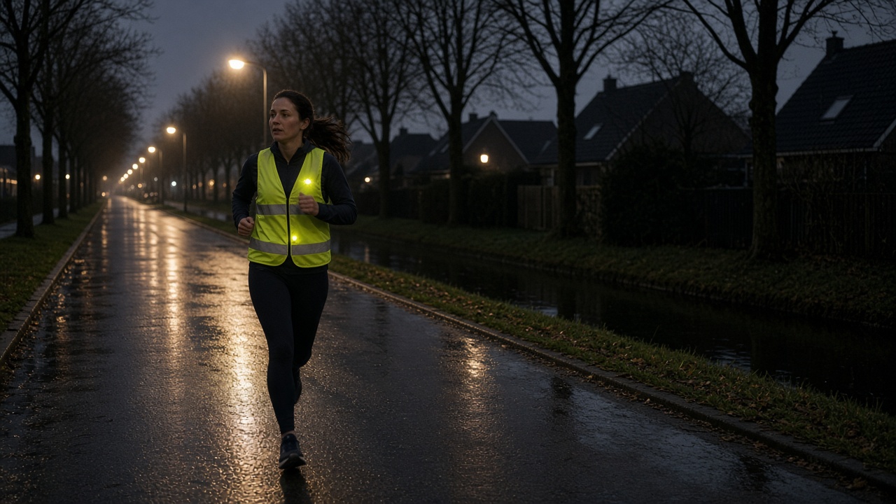 Hardloopster met reflecterend hardloopvest en lampjes op een verlicht fietspad in het donker
