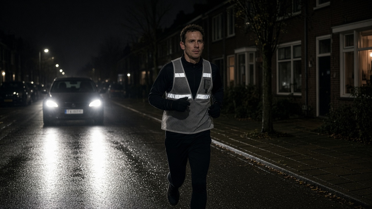 Hardloper met reflecterend hardloopvest dat oplicht in de koplampen van een auto