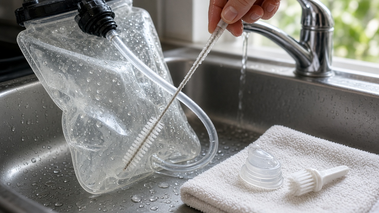 Waterzak en drinkslang worden schoongemaakt met een slangenborstel in een keukenspoelbak